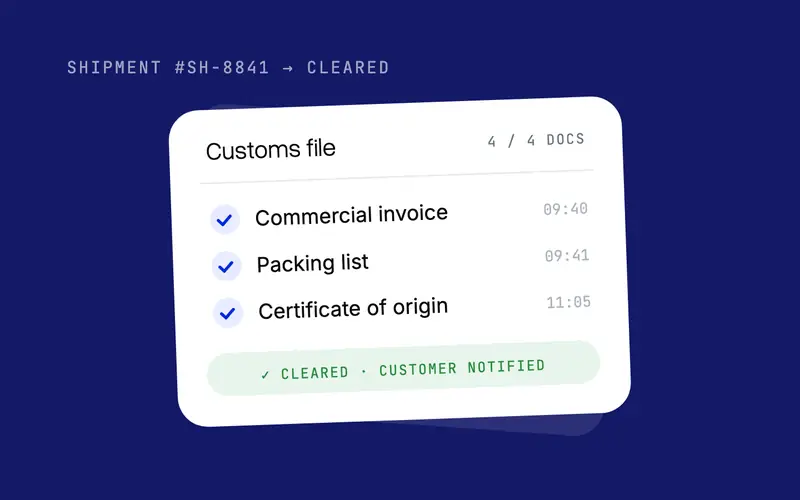 Customs file with all documents checked and the shipment cleared