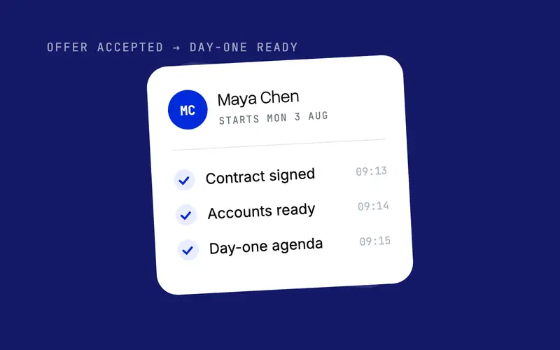 New hire card with completed onboarding checklist